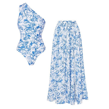 Oblique Shoulder Printed One Piece Swimsuit and Skirt