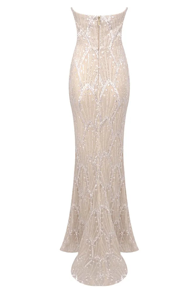 Strapless Pearl Sequin Bustier Maxi Dress Nude