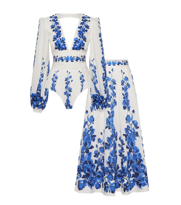 Printed Long-sleeved One Piece Swimsuit and Skirt