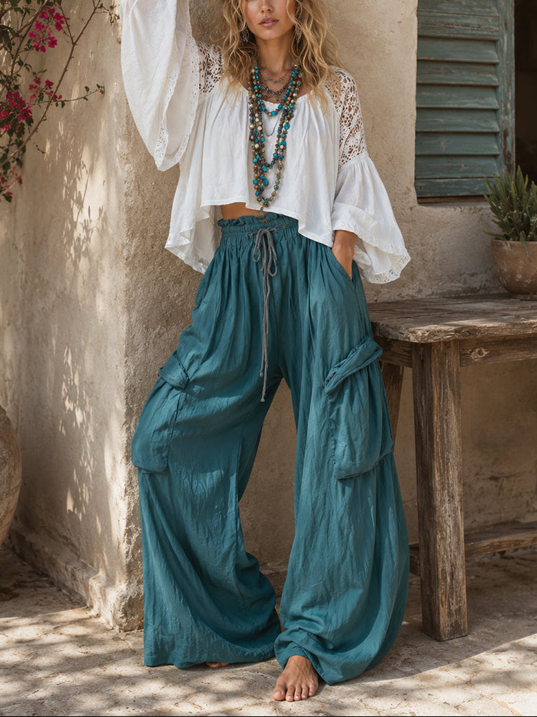 Vintage bohemian cutout lace shirt and cargo pants set