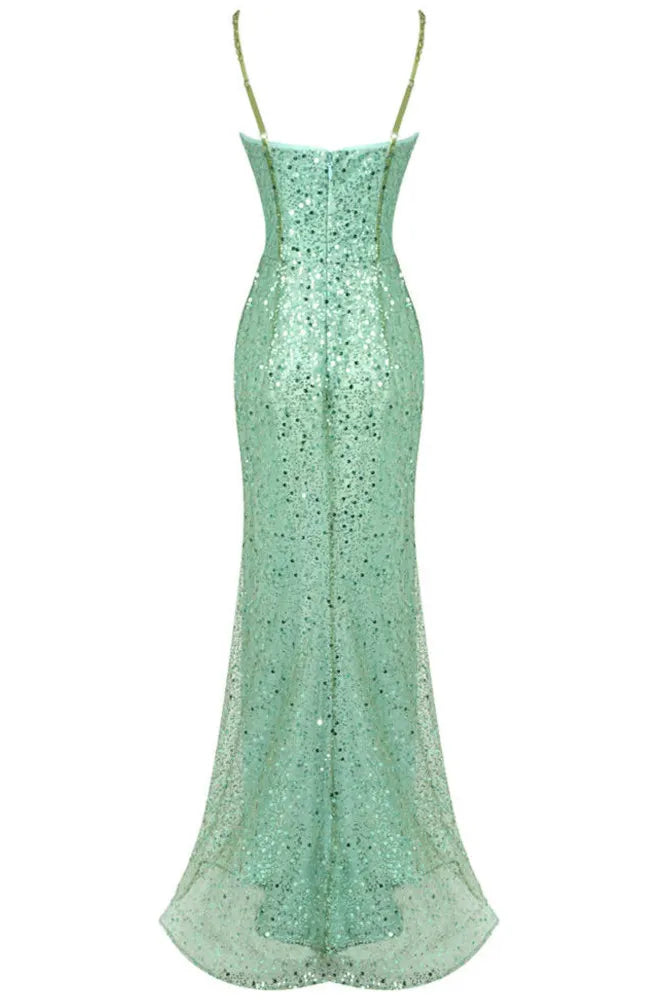 Sequin Crystal Bustier Maxi Dress Green