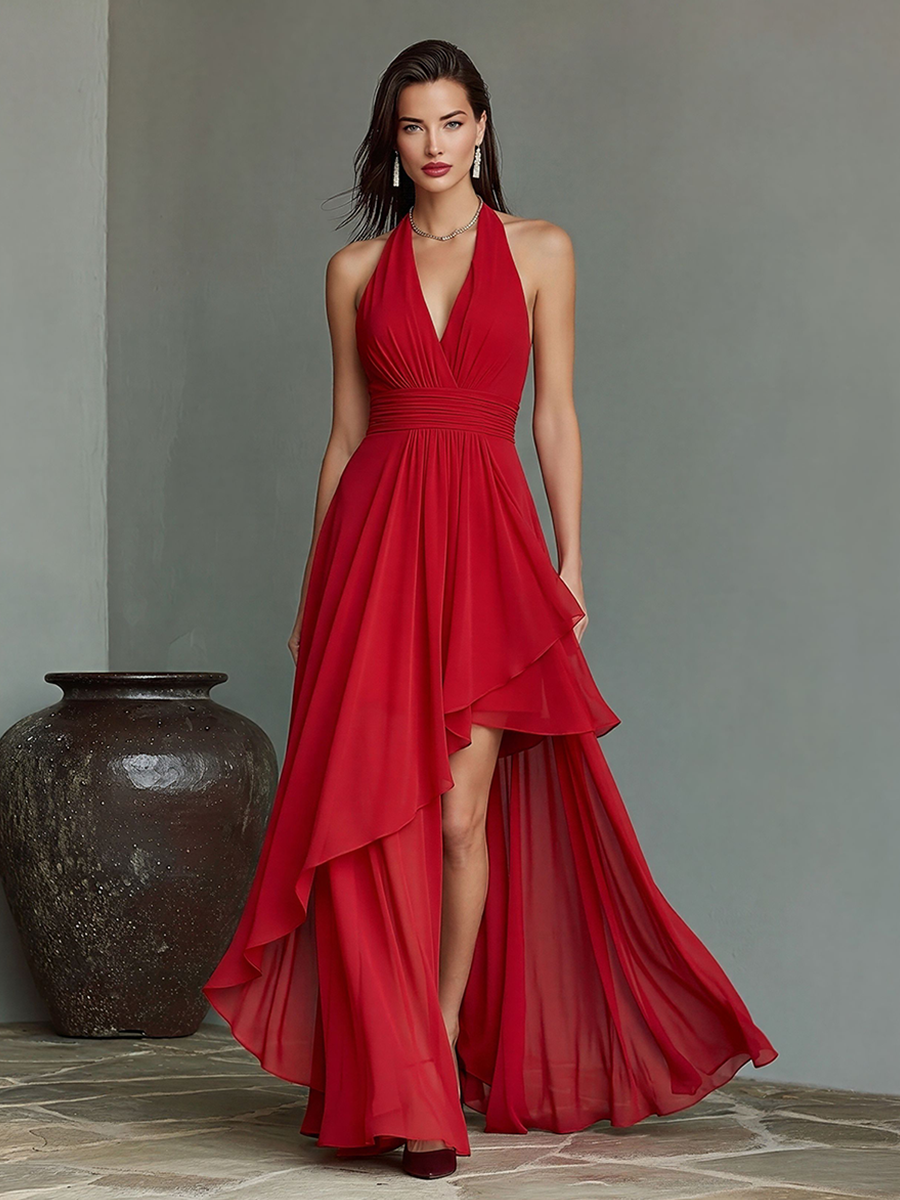 Women's Red Chiffon Halter Maxi Dress With Deep V-Neck & Asymmetric High-Low Hem, Timeless Formal Evening Gown MDZ2498D9LYL