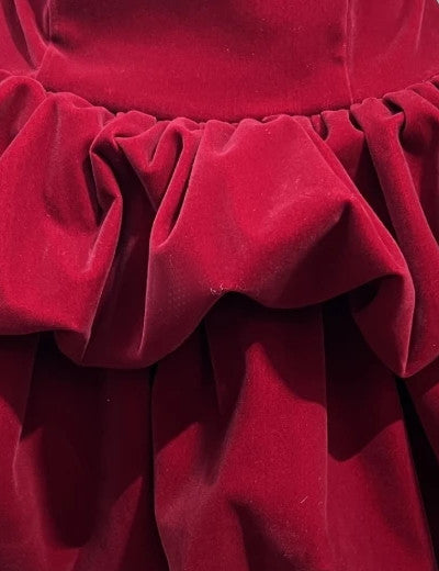 Puff Detail Velvet Dress Red