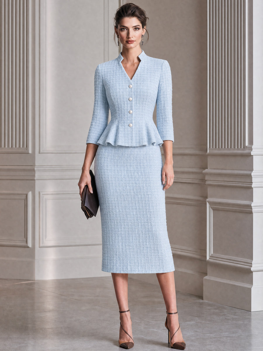 Stand Collar Peplum Jacket & Midi Pencil Skirt Waffle Suit