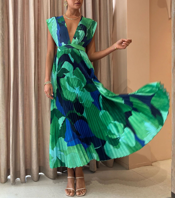 Pleated V Neck Color Block Printed Dress