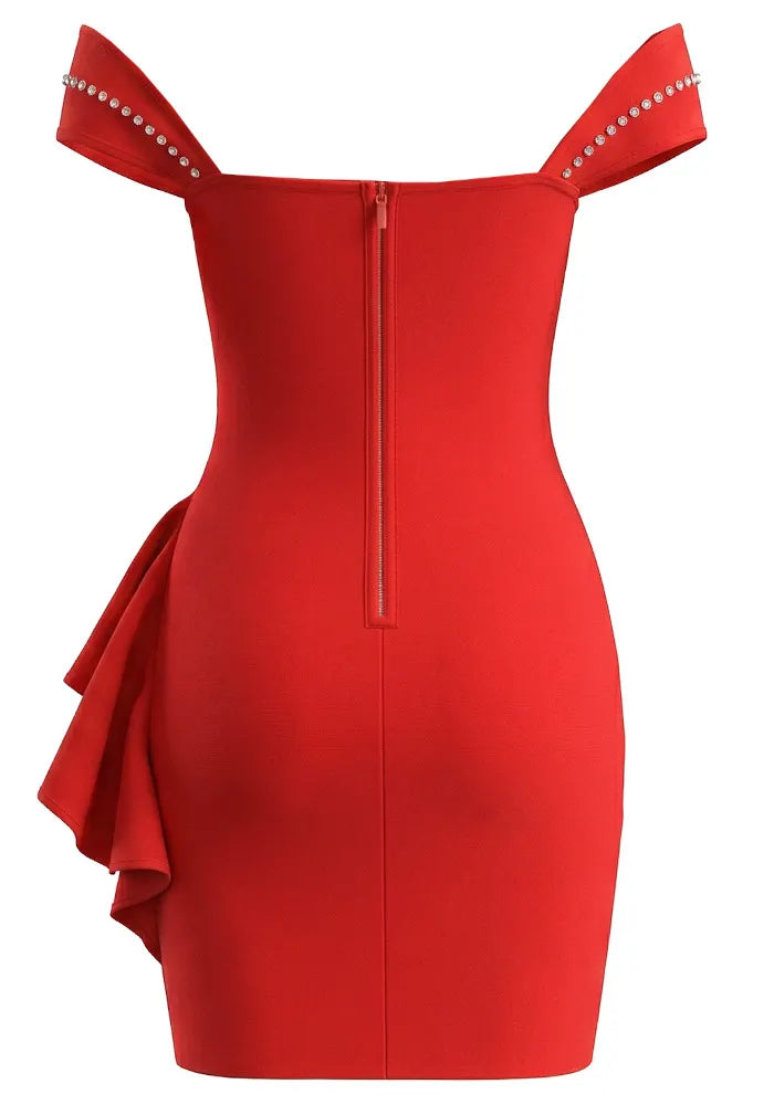 Crystal Bardot Ruffle Detail Dress Red