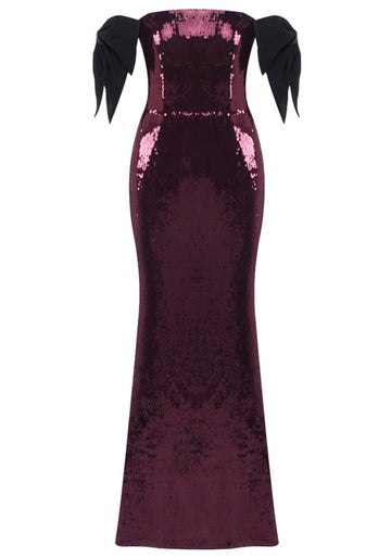 Bow Detail Bardot Sequin Maxi Dress Burgundy