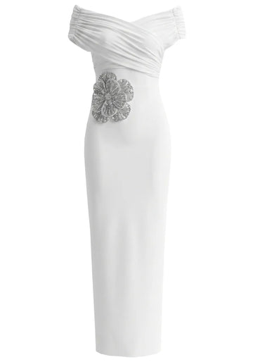 Draped Bardot Crystal Flower Maxi Dress White