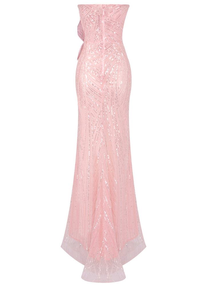 Strapless Sequin Floral Maxi Dress Pink