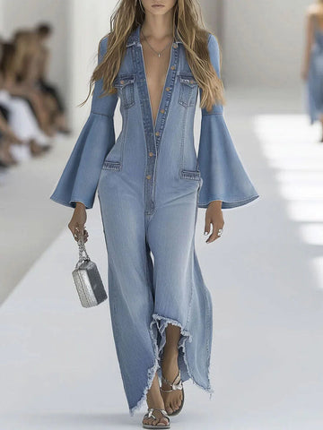 Women's Lapel Long-sleeved Casual Loose Denim Jumpsuit
