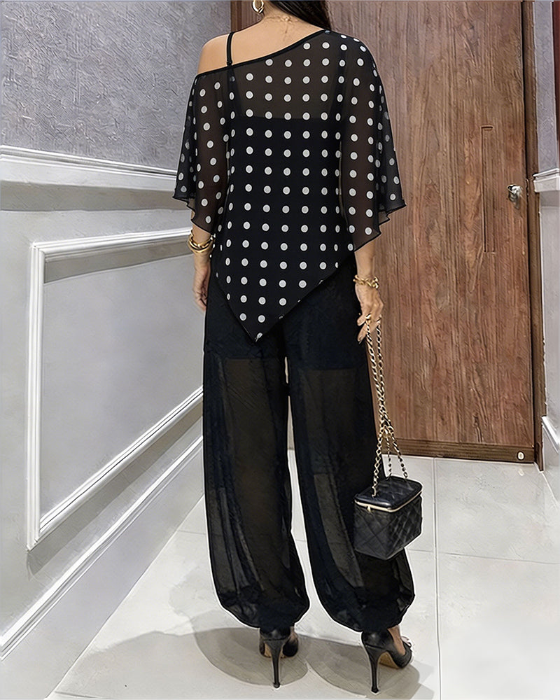 Women's 3 Piece Outfits Polka Dot Skew Neck Cape Top and Sheer Lantern Pants Set with Camisole Liner Party Clubwear