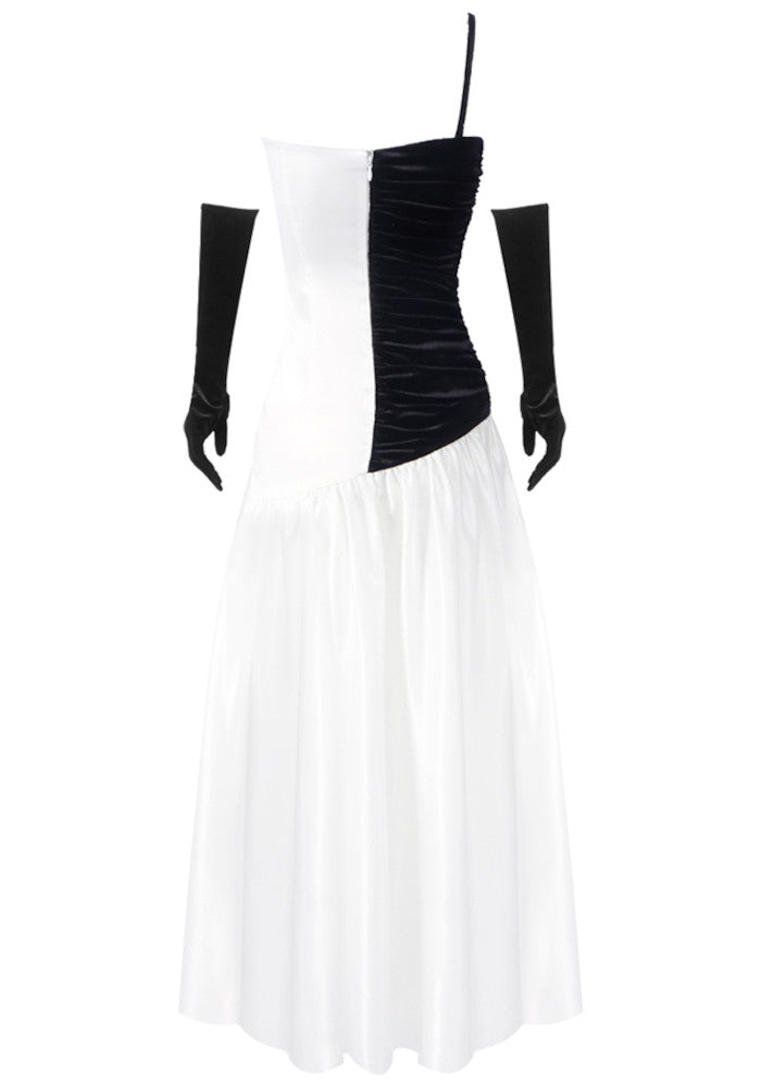 One Shoulder Velvet Insert Maxi Dress Black White