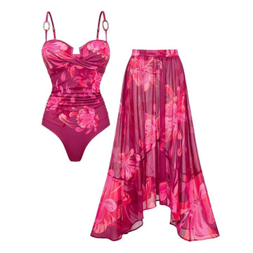 Sling Abstract Floral Print One Piece Swimsuit and Skirt