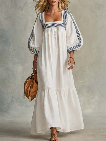 Coastal Striped-Trim Cotton-Linen Square-Neck Puff-Sleeve Babydoll Maxi Dress