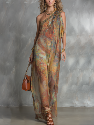 Earth Toned Paisley Print One Shoulder Sheer Maxi Dress