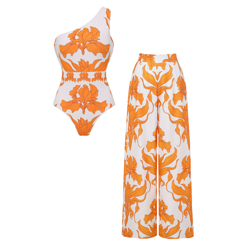 One Shoulder Iris Print One Piece Swimsuit and Pants