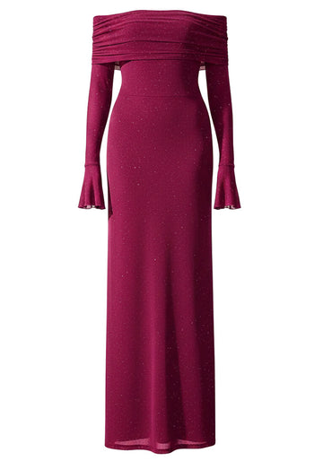 Long Sleeve Sparkly Bardot Maxi Dress Burgundy