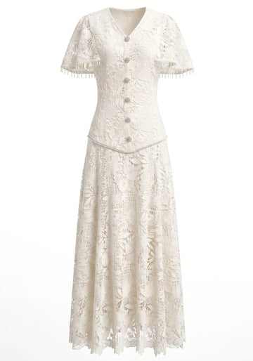 Short Sleeve Corset A Line Crochet Maxi Dress Ivory