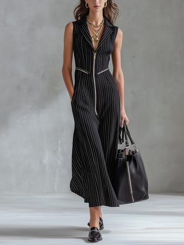 Sleek Black Pinstripe Zip-Front Midi Dress