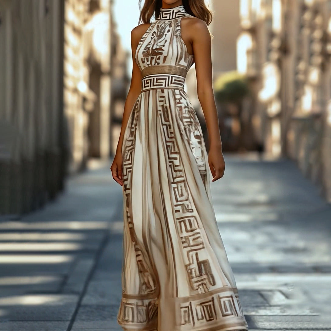Sophisticated Geometric Dress for Mature Women - Flowing Silhouette, Elegant Maxi (Fall-Ready)