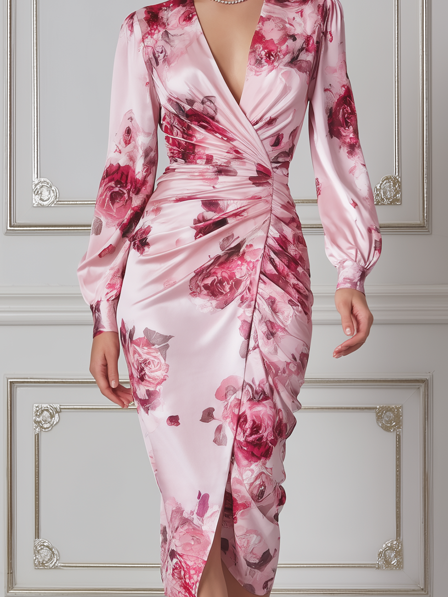 Pink Floral Dress Fall Wedding Guest Dress Satin Wrap Midi Dress