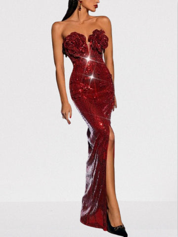 Rosette-Appliques Sequin-Embellished Red Ankle-Length Gown