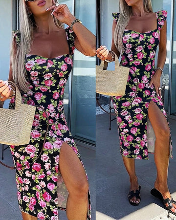 Women's Floral Midi Dress Sweetheart Neck Flutter Sleeve Side Slit Sundress Backless Vacation Dress with Built-In Bra