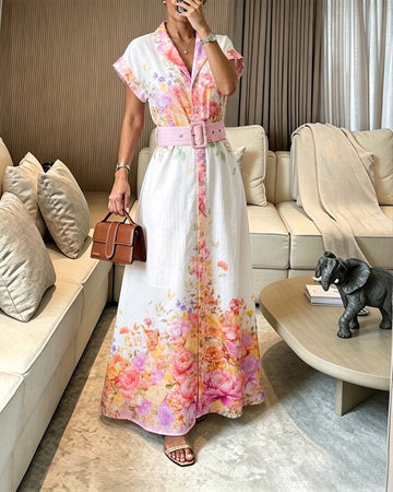 Women's Floral Print Maxi Dress Notched Collar Button Down Swing Dress Elegant French Style Vacation Dress with Belt