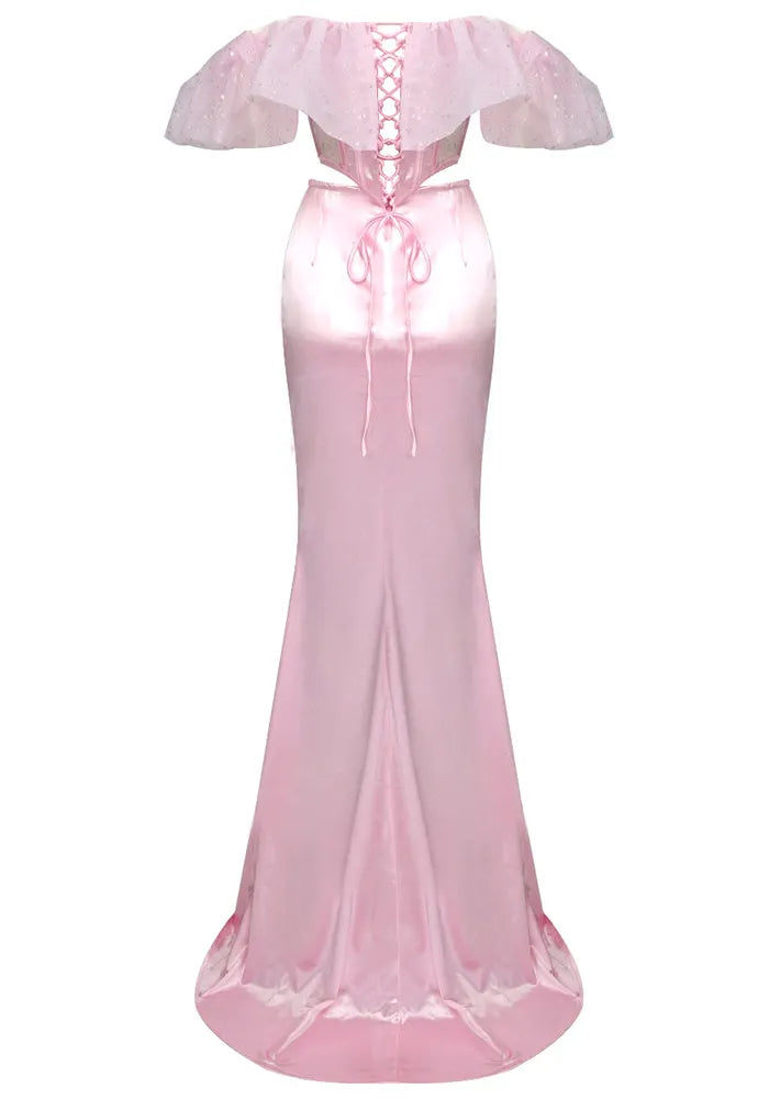 Ruffle Bardot Corset Two Piece Maxi Dress Pink