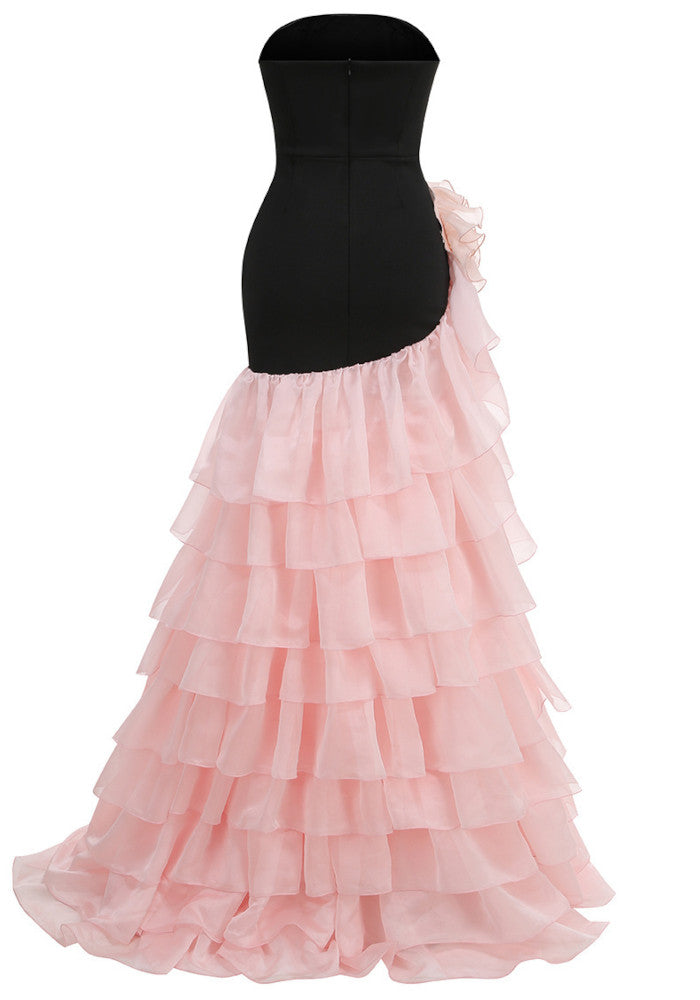 Strapless Floral Ruffle Maxi Dress Black Pink
