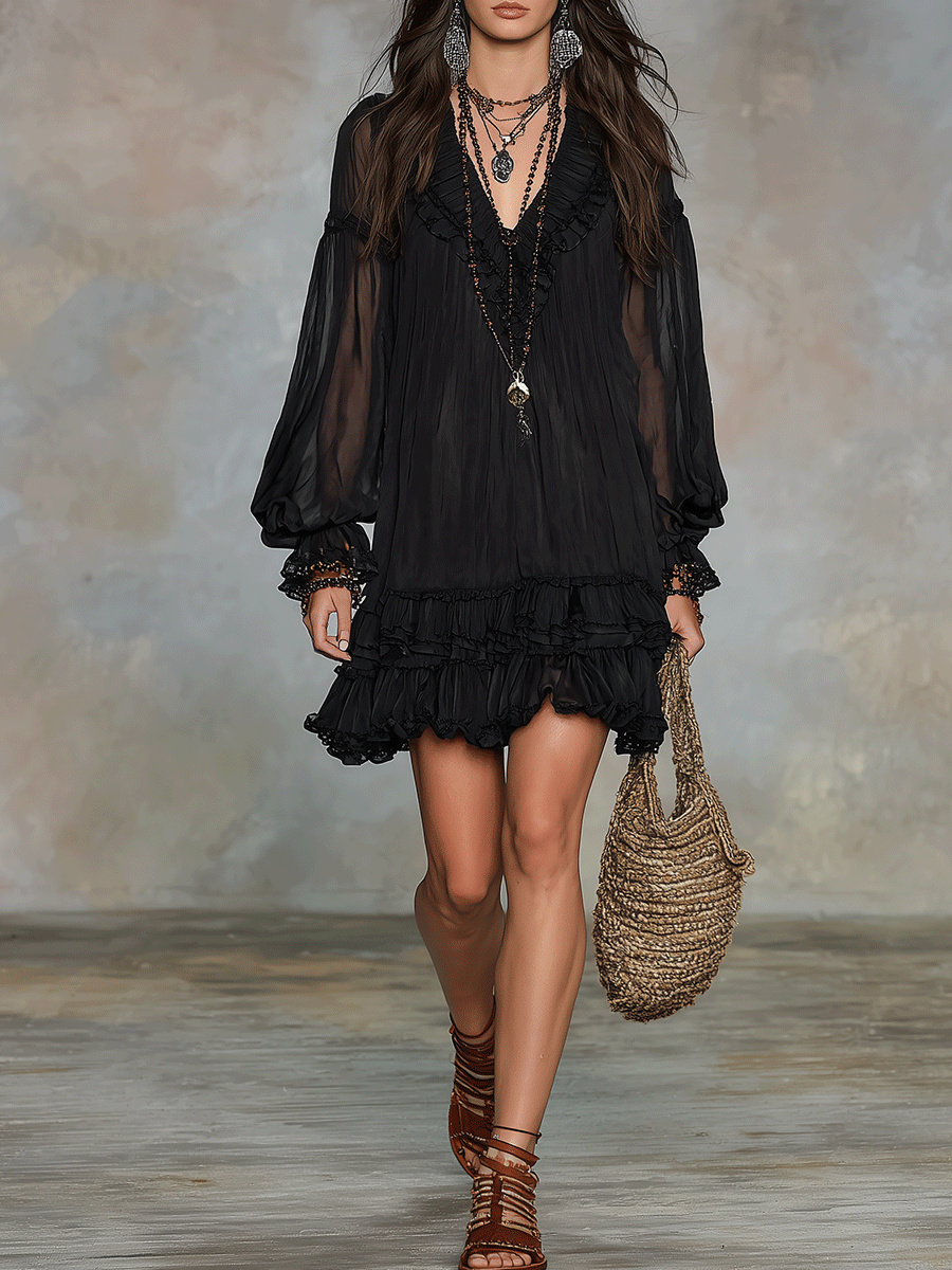 Bohemian Black Chiffon Dress With Soft Ruffle Trim