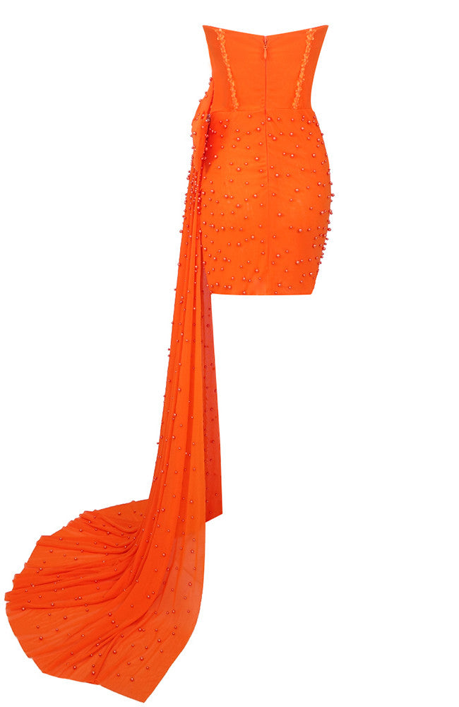 Strapless Corset Sequin Draped Dress Orange