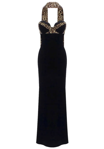 Strapless Animal Print Bustier Maxi Velvet Dress Black