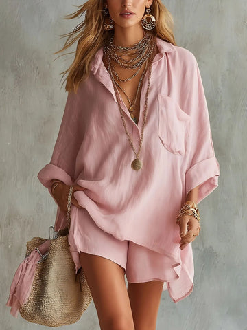 Oversized Pocket Beach Shorts Shirt Set