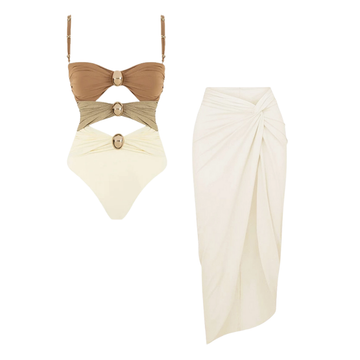 Color Block Cutout One Piece Swimsuit and Sarong