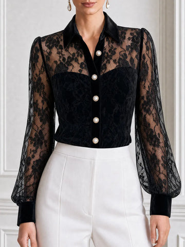 Elegant Velvet Collar & Pearl Buttons Floral Lace Blouse