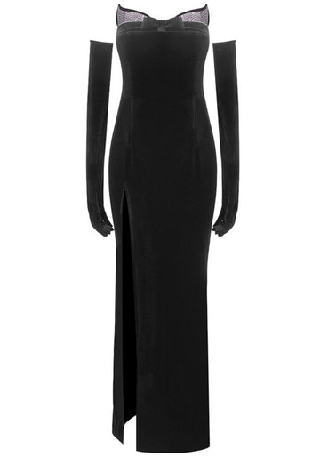 Strapless Embellished Velvet Maxi Dress Black