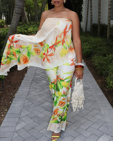 Women's Tropical Floral Jumpsuit Sexy Strapless Tube Overalls High Waisted Faux Two-Piece Jumpsuits with Detachable Clear Straps