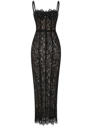 Lace Bustier Detail Maxi Dress Black