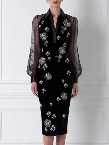 Beaded Firework Floral Sheer Sleeve Collared Velvet Bodycon Midi Dress