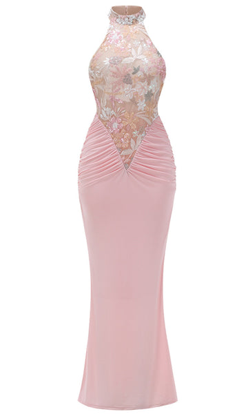 Halter Floral Sequin Embroidered Maxi Dress Pink