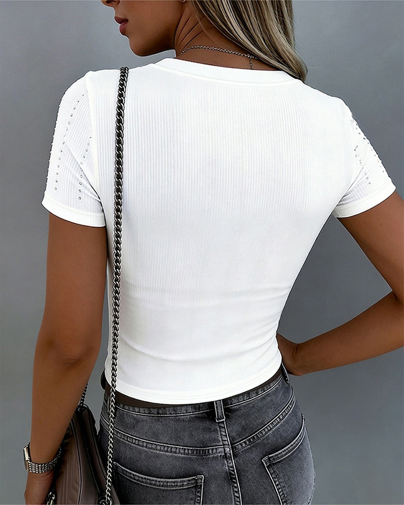 Women's Square Neck Ribbed T-Shirt Rhinestone Short Sleeve Top Slim Fit Knit Tee Basic Tee