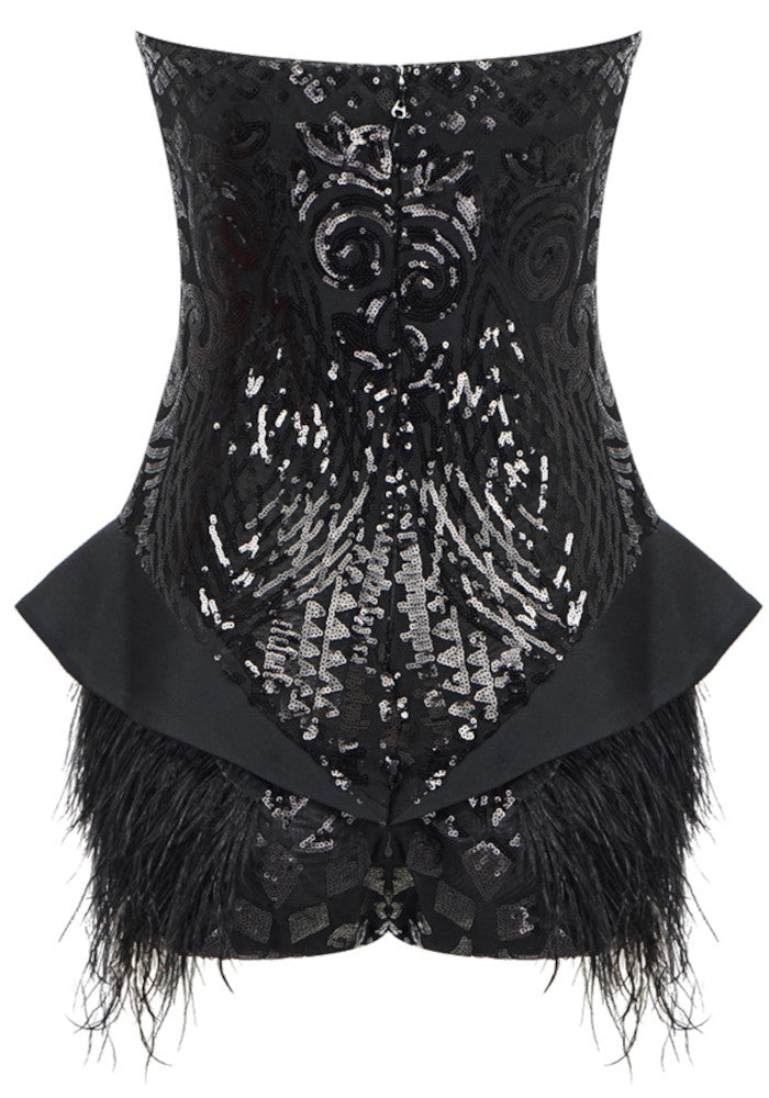 Strapless Sequin Feather Bodysuit Black