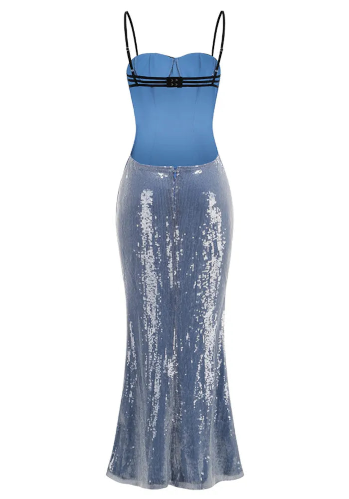 Lace Bustier Backless Sequin Maxi Dress Blue Black