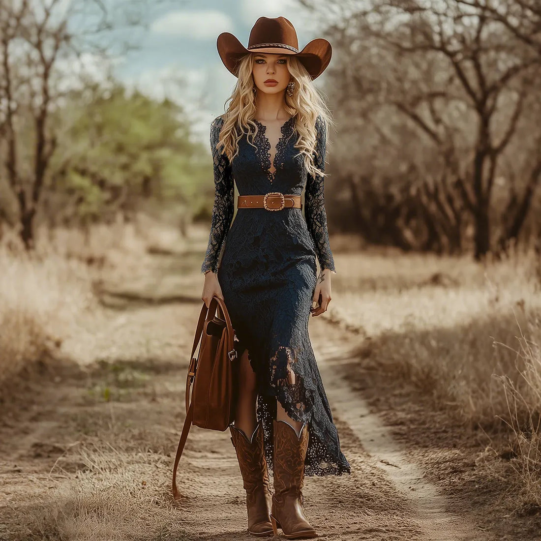 Vintage Bohemian Blue Lace Long Sleeve Midi Dress