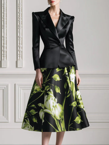 Satin Peplum Blazer & Floral Print A-Line Midi Skirt Set