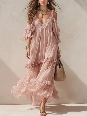 Romantic Blush Tiered Ruffle Maxi Dress