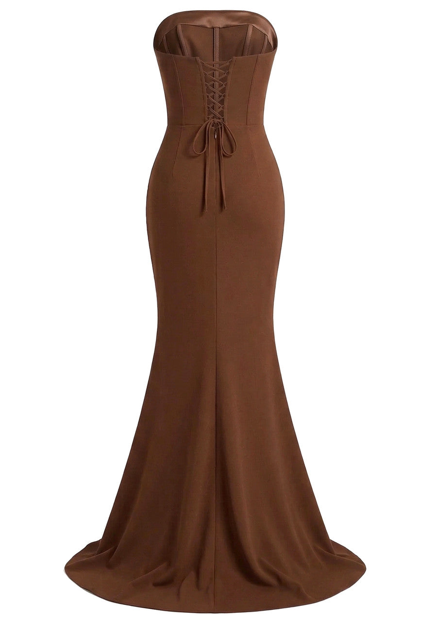 Strapless Embellished Corset Maxi Dress Brown