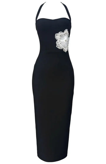Halter Embellished Flower Midi Dress Black