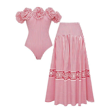 Open Shoulder 3D Flower One Piece Swimsuit and Skirt